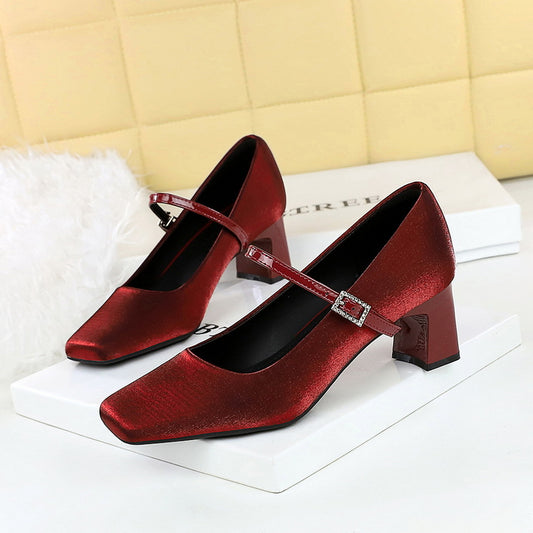 6295  small fragrant wind square head rhinestone one word with satin women's shoes thick heel medium heel light mouth comfortable and thin single shoes