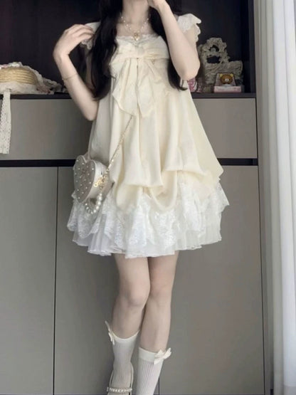 Ancient bud skirt  summer new sweet and cute gentle wind flying sleeves lace splicing bud skirt