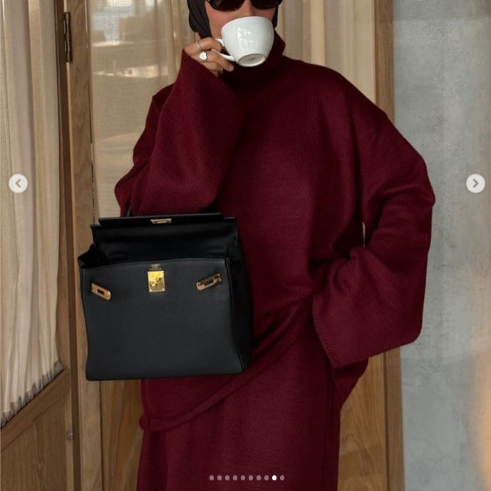 MAOXIANGSHOP 2025 Solid color knitted skirt set  New lazy loose long turtleneck sweater dress looks thin