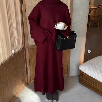 MAOXIANGSHOP 2025 Solid color knitted skirt set  New lazy loose long turtleneck sweater dress looks thin