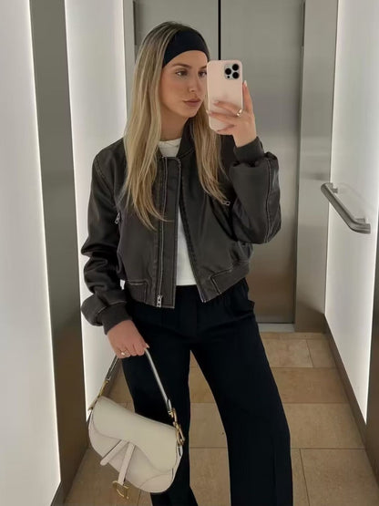 maoxiangshop fashion inspo Pu Street Short Slim Autumn Stand Collar Motorcycle Pilot Jacket Coat Women's Jacket