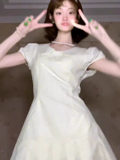 Pure first love small white dress women small summer  white polka dot dress sweet waist pleated skirt