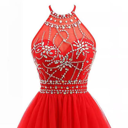 maoxiangshop-shop dresses Slim-Fit Small Dress Halter Short Bridal Wedding Dress Banquet Evening Dress Lace New Red Women