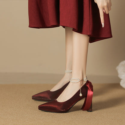 2025 8066-7 temperament  suede pointed thick heel high heels women's bow pearl waterproof table high heel single shoes