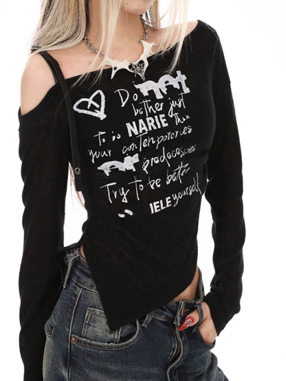 2025n trendy brand printing chic long-sleeved top women's spring and summer thin slim elastic one-word shoulder t-shirt