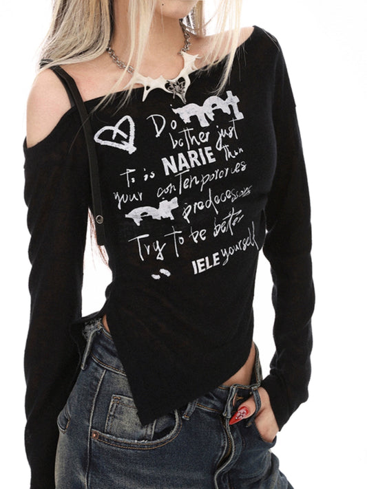 2025n trendy brand printing chic long-sleeved top women's spring and summer thin slim elastic one-word shoulder t-shirt