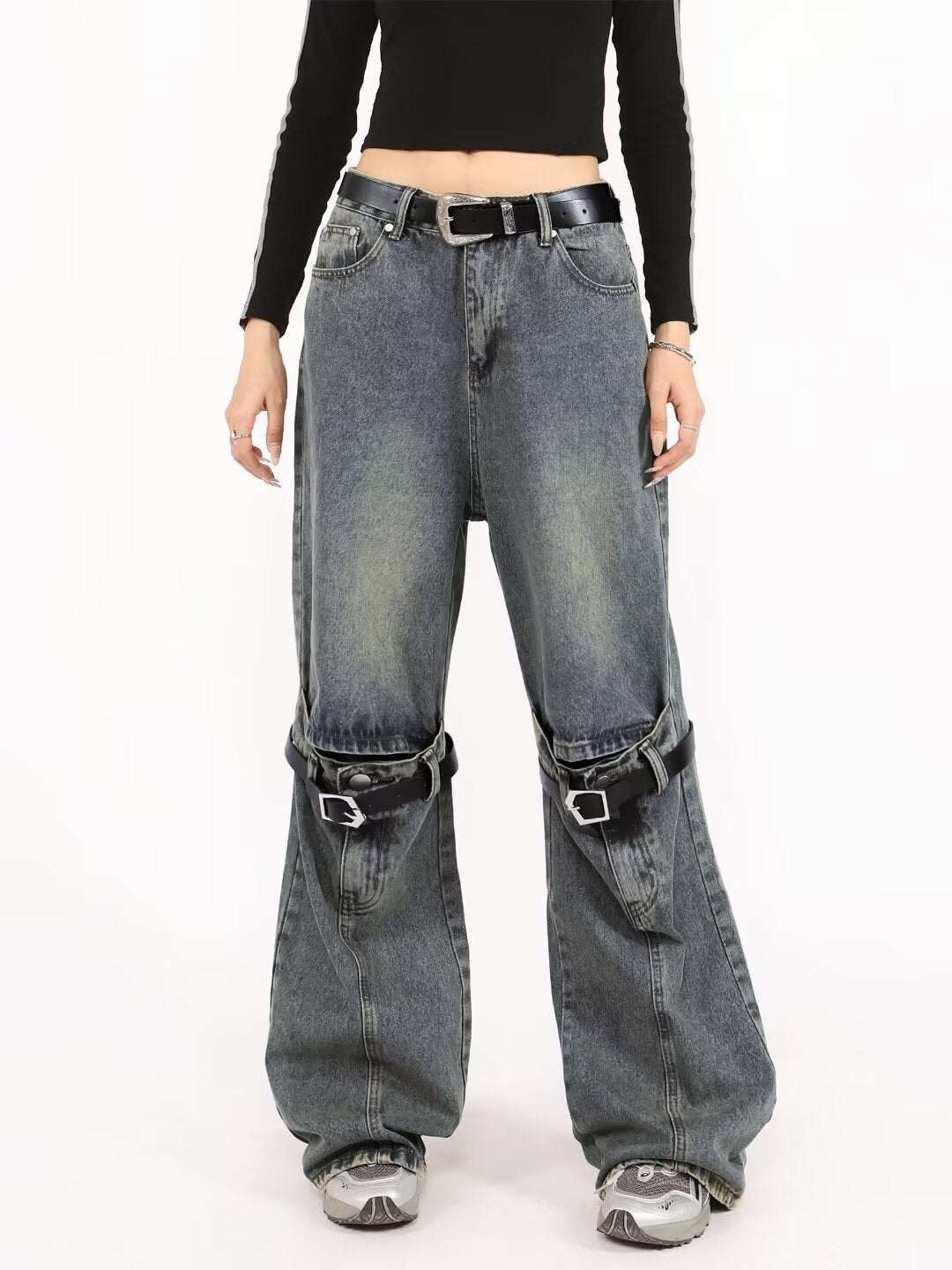 grunge dti Spring Blue Ripped Skinny Jeans Men's and Women's American-Style Retro Belt Stitching Straight Wide-Leg Trousers