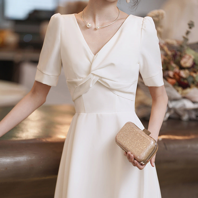 2025 White dress can usually wear  registration certificate small white dress banquet engagement dress women's evening dress dress
