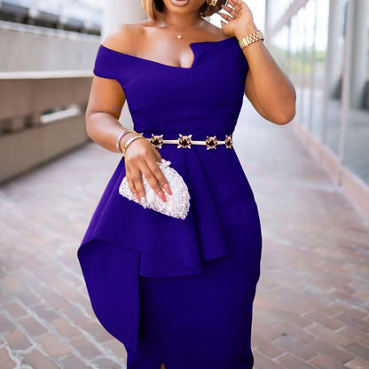 2025 D214  2023 Summer Short Sleeve Hip Wrap Solid Color Split End OL Off Shoulder 2025 Dress Cross-border Dress Dress