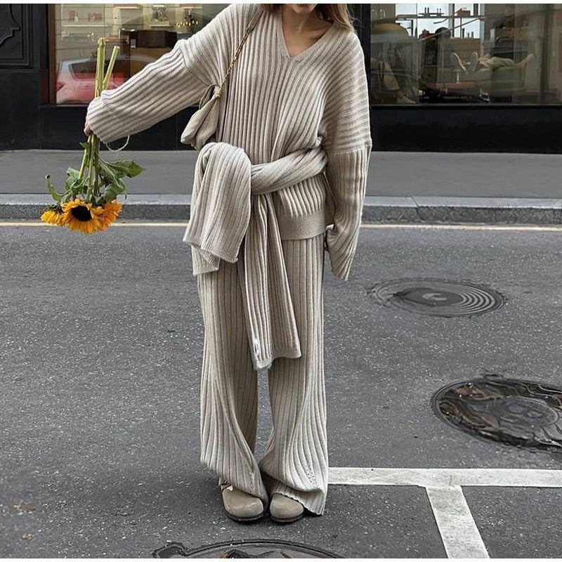MAOXIANGSHOP 2025 Real shot -  autumn and winter wool suit women's autumn and winter high-end sense solid color v-neck sweater straight trousers two-piece set women