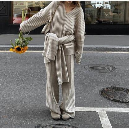 MAOXIANGSHOP 2025 Real shot -  autumn and winter wool suit women's autumn and winter high-end sense solid color v-neck sweater straight trousers two-piece set women