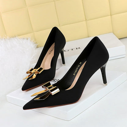 2025 18249-AK68 Korean version of fashion banquet women's shoes stiletto high heel satin light mouth pointed metal bow single shoes