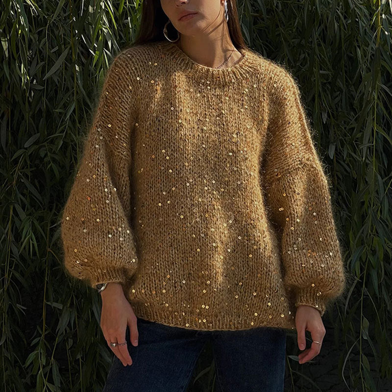 MAOXIANGSHOP 2025 Fashion sequined mohair sweater 2023  New new product loose round neck lantern sleeve pullover knitted sweater