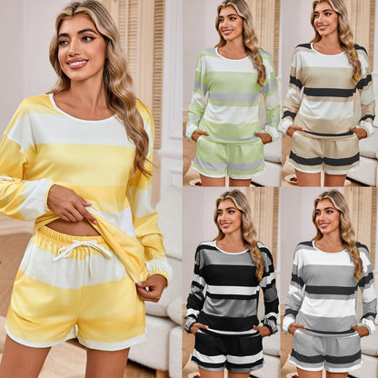 MAOXIANGSHOP 2025Real spot New Popularan beautiful women's long-sleeved striped top shorts casual suit loose pajamas large size women's clothing