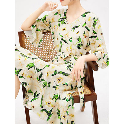 2025 Gardenia silk dress, heavy mulberry silk, spring floral long dress   women's new skirt