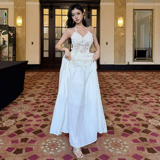 White lace hollowed-out neck sling dress, summer seaside vacation style, unique and beautiful waist A-word long dress