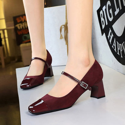 5296 2025 style women's shoes thick heel middle heel shallow mouth square head splicing word with rhinestone buckle suede leopard print single shoes