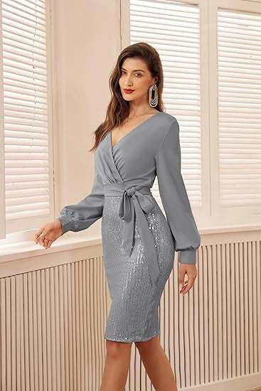 MAOXIANGSHOP 2025 new women's double spell, women's sequined party cocktail party tight glitter dress long sleeve evening dress