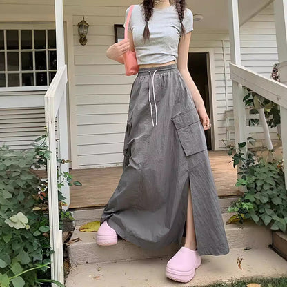 maoxiangshop 90s fashion 2024 Gentle Style Blue Drawstring Skirt Women's Early Autumn Lazy Slimming A- line Skirt Long Skirt