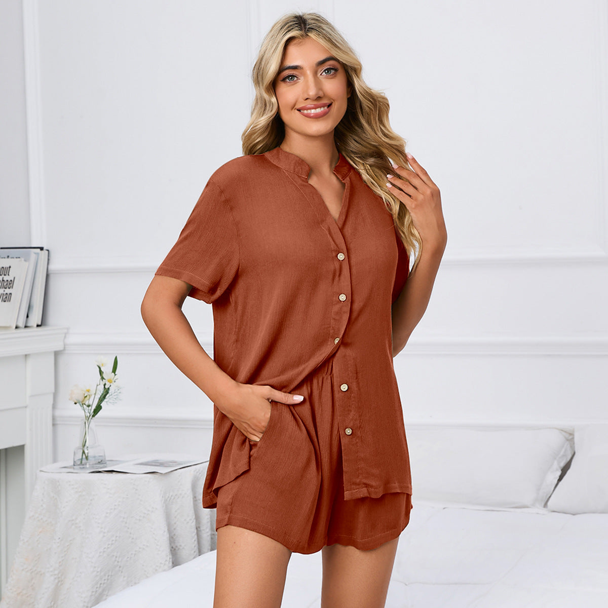 MAOXIANGSHOP 2025Real new products , Popular, 2025 and Popular trade spring and summer solid color V-neck loose button T-shirt shorts home leisure suit