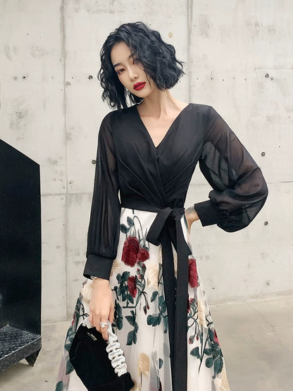 High-end small evening dress skirt women's design sense light luxury niche socialite banquet temperament black long annual meeting host