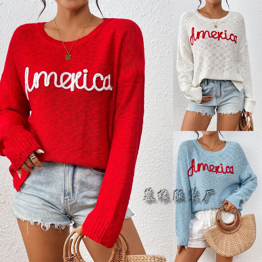 MAOXIANGSHOP New Europe and America  Women's Knitted Sweater Crew Neck Long Sleeve America Independence Day Letter Fashion Versatile Sweater