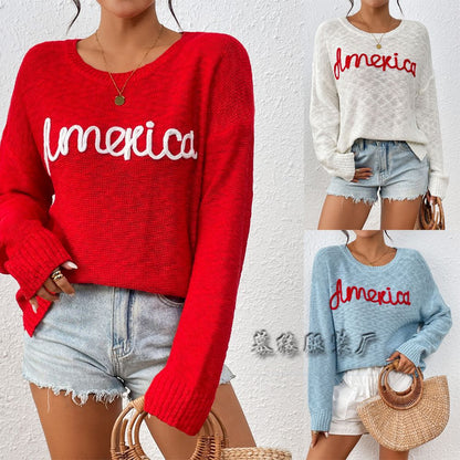 MAOXIANGSHOP New Europe and America  Women's Knitted Sweater Crew Neck Long Sleeve America Independence Day Letter Fashion Versatile Sweater