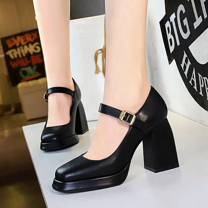 9613-1 Retro 2025 style thick heel square heel high heel waterproof table square head shallow mouth belt buckle one word belt single shoe women