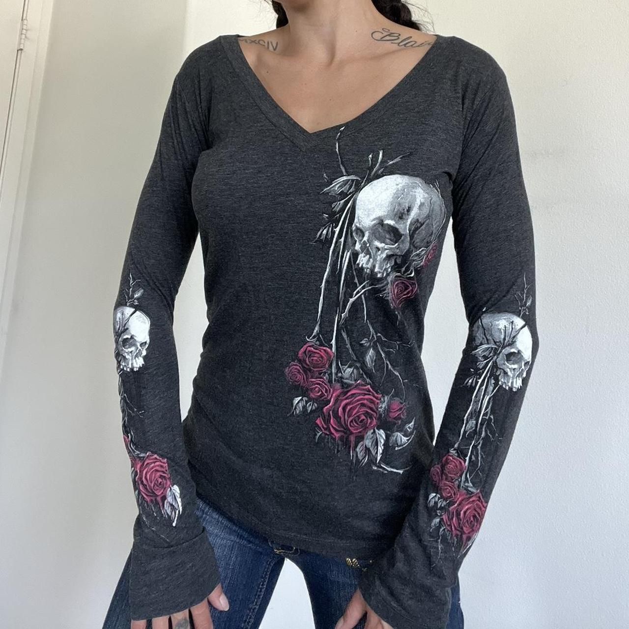 maoxiangshop outfit inspo 2024 Autumn and Winter New Women's Top Personalized Skull Flower Print V-neck Sexy Bottoming Shirt T-shirt