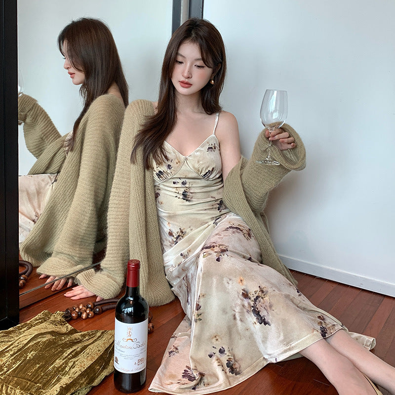 2025 Thirteen Lines popular Autumn New Temperament Printing Pure Desire High Waist Suspender Dress Women 88105