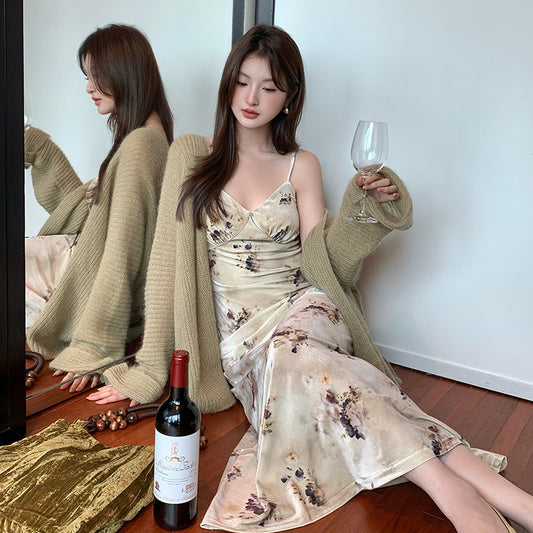 2025 Thirteen Lines popular Autumn New Temperament Printing Pure Desire High Waist Suspender Dress Women 88105
