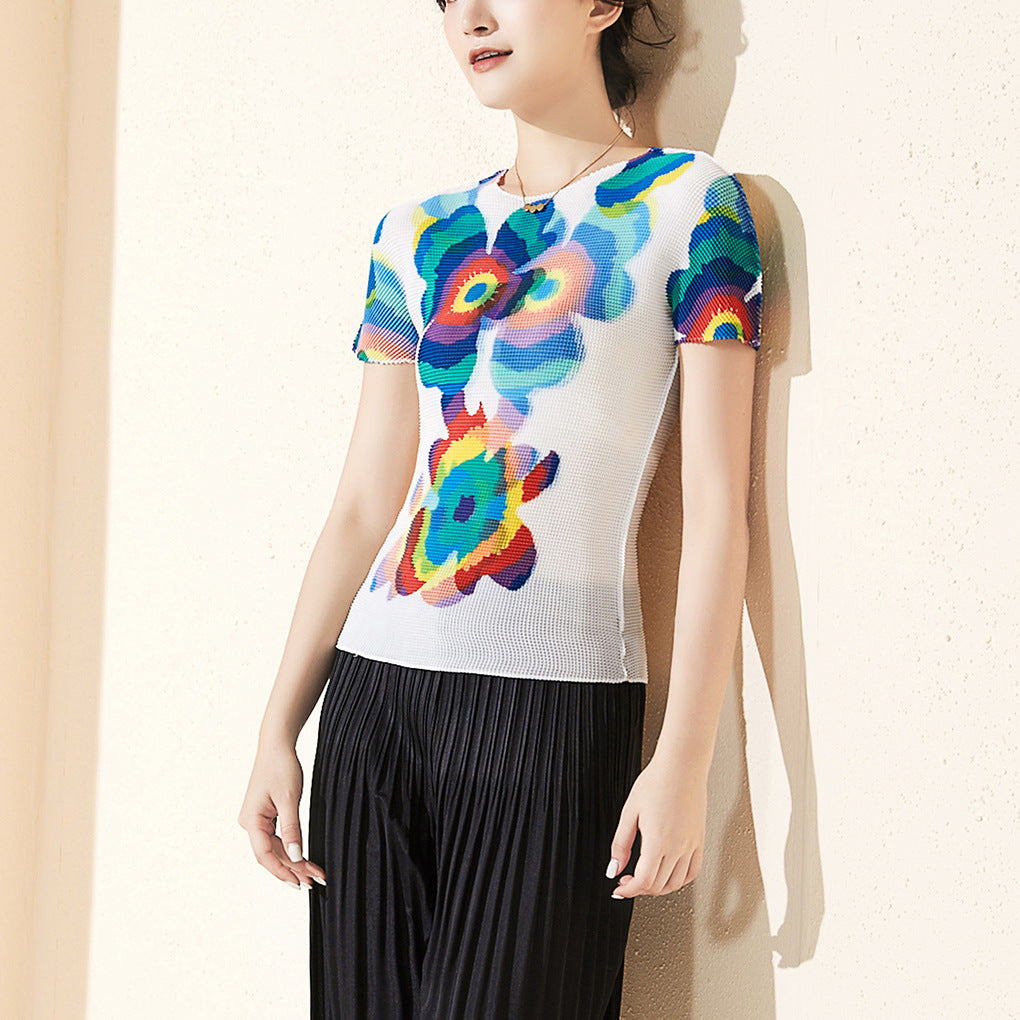 2025 Hot Sale Short Sleeve Women's T-Shirt Crew Neck Printed Pullover Slim Fit Elastic Vacation Versatile Top Hot Summer