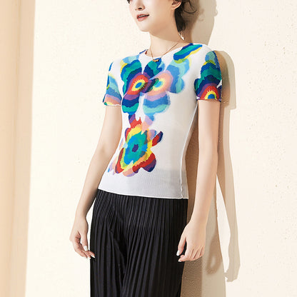 2025 Hot Sale Short Sleeve Women's T-Shirt Crew Neck Printed Pullover Slim Fit Elastic Vacation Versatile Top Hot Summer
