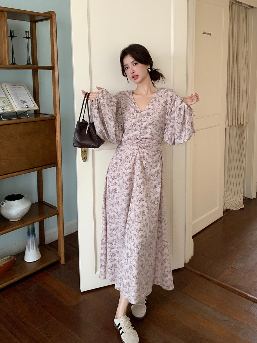2025 popular autumn new  temperament print retro high waist long sleeve thin dress 88116