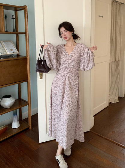 2025 popular autumn new  temperament print retro high waist long sleeve thin dress 88116