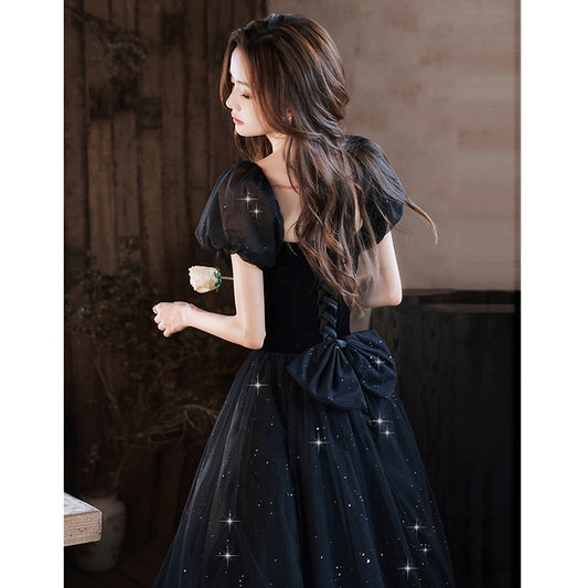 Black evening dress dress 2025 new light luxury niche temperament banquet host celebrity dress annual meeting dress