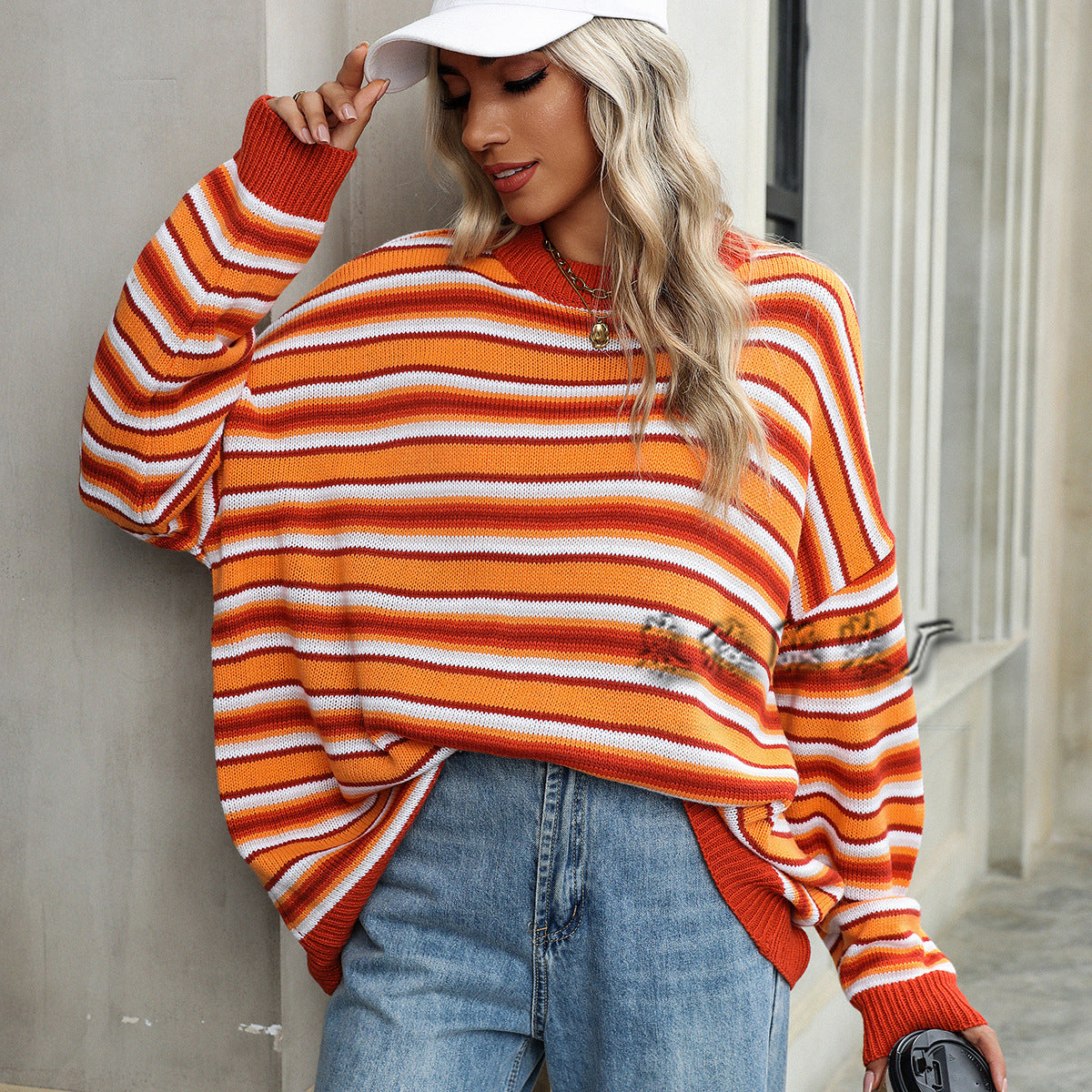 MAOXIANGSHOP New  autumn and winter new 2025 knitted  striped knitted sweater women's large size round neck pullover women's