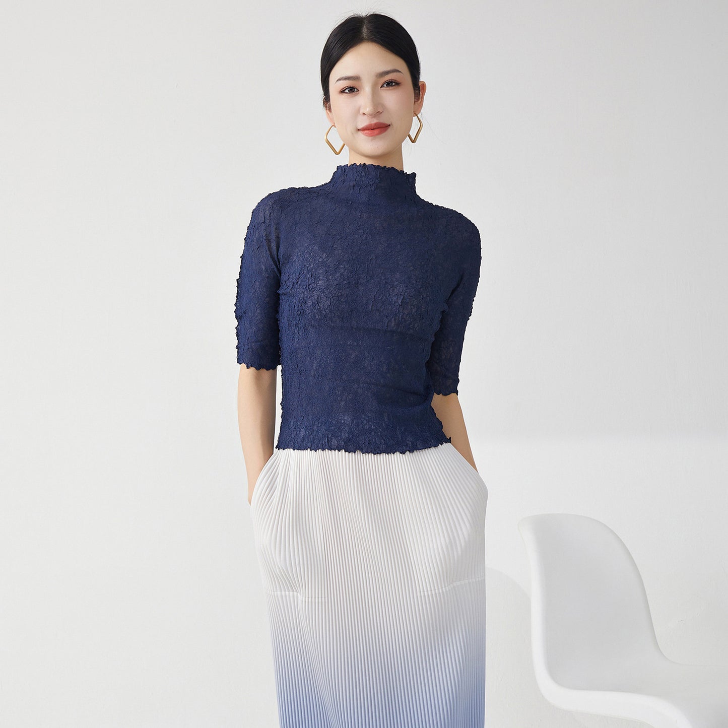 2025 Nanyou high-end women's clothing female slim temperament semi-turtleneck five-quarter sleeve versatile bottoming shirt  T-shirt top
