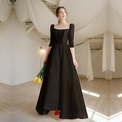 2025 Simple retro satin wedding dress, spring  new medium and long-sleeved square neck satin door light wedding dress