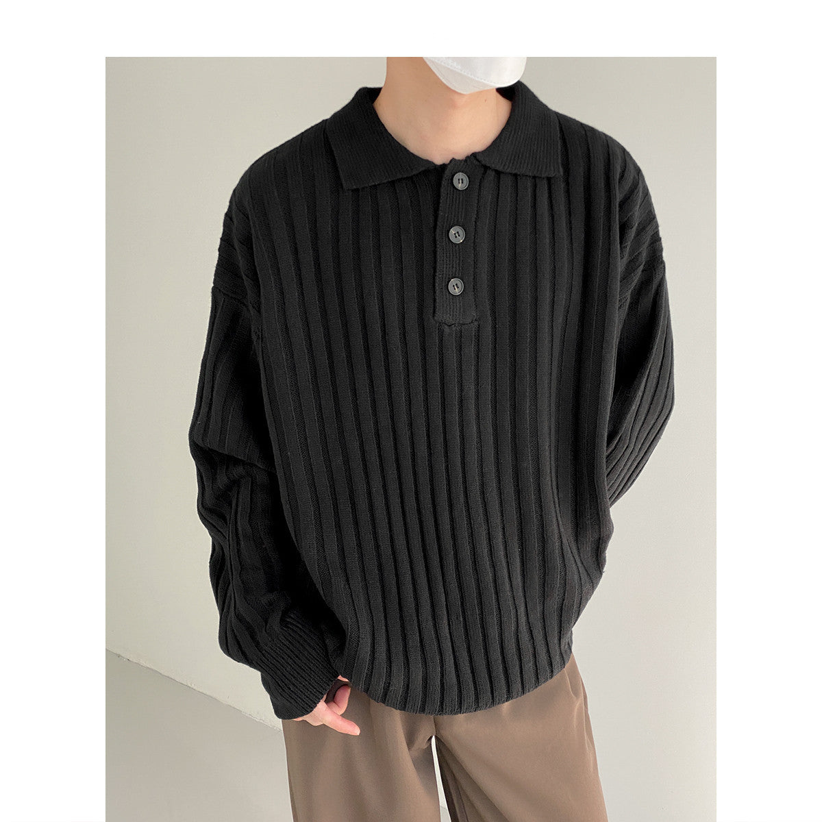 maoxiangshop-shop men fall outfits casual Polo Collar Sweater Men's Loose Casual Lapel Pit Striped Sweater Autumn and Winter New Korean Style Trendy Sweater