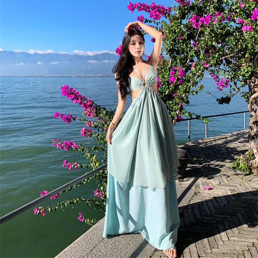 2025 Mint Green Vacation Fairy Suspender Dress Summer Beauty Neck Seaside Vacation Halter Dress Dress