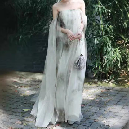 2025 (Spot) New Chinese cheongsam retro women's clothing Zen national style morning robe fairy mesh tube top suspender dress