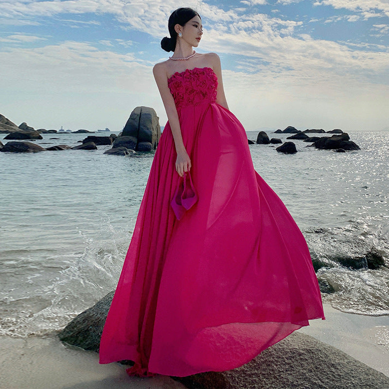 dressing gown birthday dress rose red three-dimensional flower sexy tube top dress vacation dress big swing dress women
