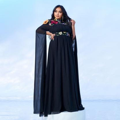 2025 Popular trade Popular,  and the United States fat mm large size women's clothing long-sleeved round neck banquet pendulum applique evening dress dress