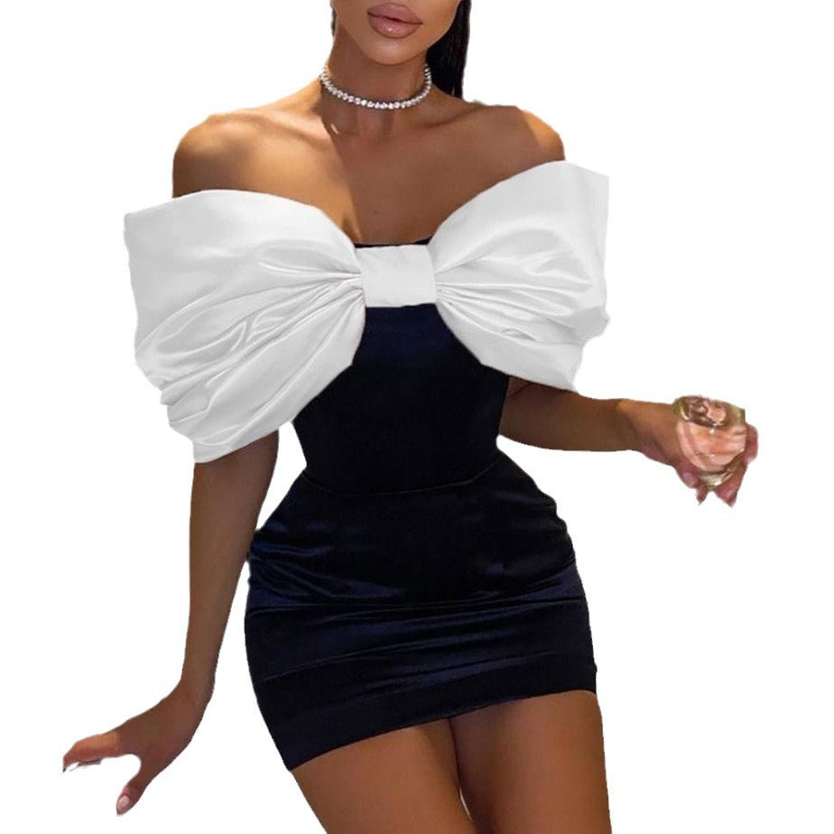 birthday outfit New Women's off-Shoulder Bow Sheath Dress Short Skirt Sexy Backless Tight Dress