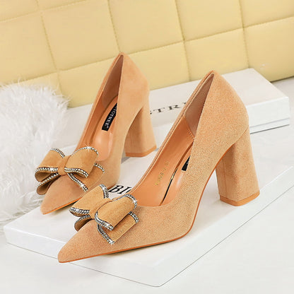 828-H30 Korean version of fashion spring and autumn new high heels thick heel suede light mouth pointed bow single shoes women's shoes