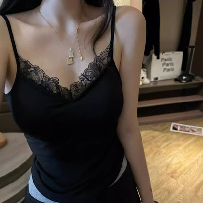 maoxiangshop y2k outfits Early Autumn French Lace Top Inner Base Shirt Sling Women's Sweet and Spicy Style with Chest Pad Sexy Lace Base Shirt