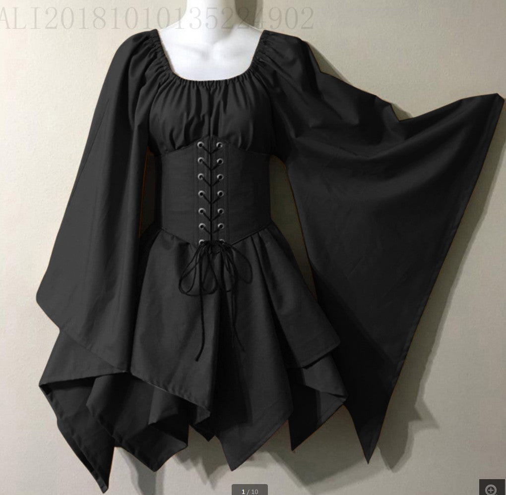 maoxiangshop group halloween costumes New Party Women's Long Sleeve Renaissance Medieval Bell Sleeve Dress