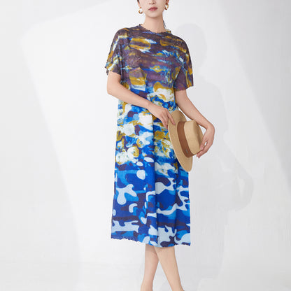dress women's 2025 new summer loose large size meat cover printing short sleeve temperament casual medium and long skirt