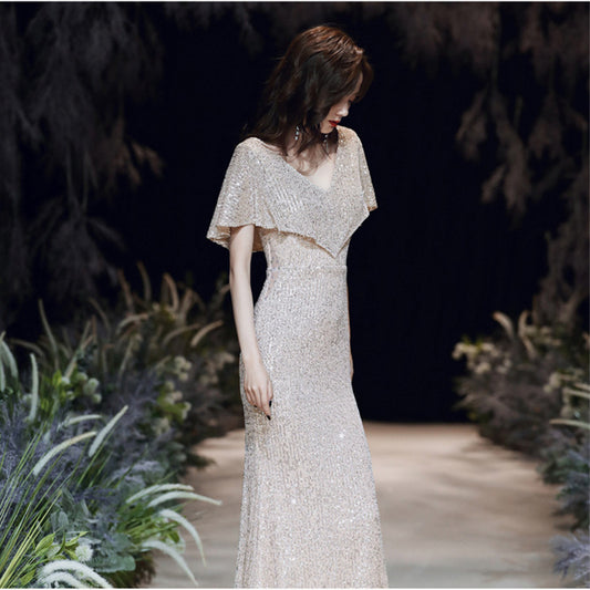 Champagne banquet evening dress sequins 2025 new spring temperament long fishtail dress annual meeting hosting dress